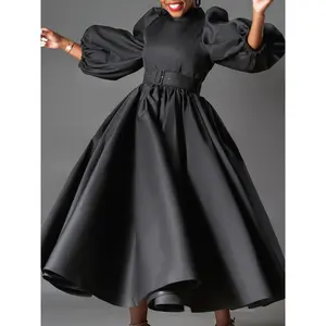 plus Size Women's Fashion Loose Design Solid Color Big Skirt Puff Sleeve Mid-Length Dress African Style Dress