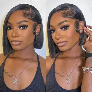Short bob wig, glueless, human hair, ready to wear, straight, 12 inches; lace front human hair wig; transparent human hair wig; pre-plucked; women’s wig; 180% density; black color (5x5 straight bob wig, 16 inches).