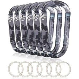 6PCS Carabiner Caribeaner Clip,3" Large Aluminum D Ring Shape Carabeaner with 6PCS Keyring Keychain Hook(City Camouflage)