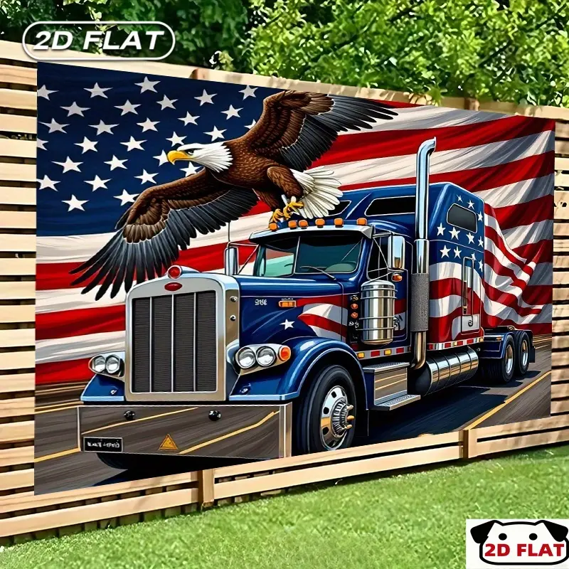 2D Flat Banner 1pc, Patriotic Eagle & American Flag Truck Party Banner - Vibrant Blue Semi - Truck Stars & Stripes Design, Perfect Outdoor & Indoor Holiday Decor, Home, or Event Backdrop, Multiple Sizes Ava