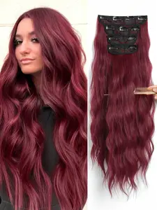 Clip In Hair Extensions 24 Inch Red Color 4 Pcs Set Long Natural Water Wave Heat Resistant Fiber Synthetic Hairpiece For Women Girls Party Daily Use