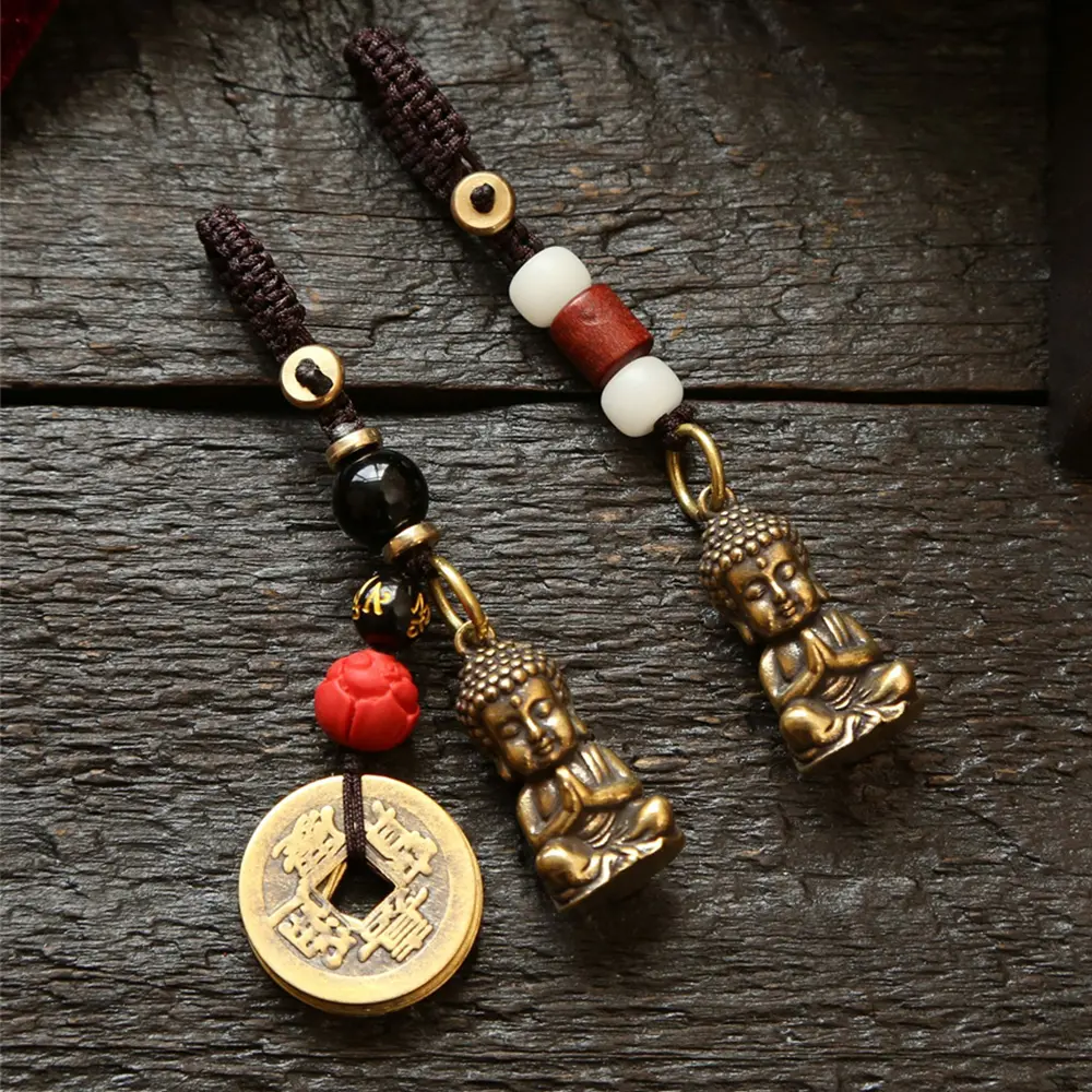 Buddha Keychain Brass Retro Chinese National Style Protection Amulet Pendant Buddhism Mascot Gift for Men Women Healing Jewelry