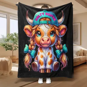 Cartoon Cow Pattern Blanket, 1 Count Soft Throw Blanket, Air-conditioned Room Blanket, Warm Nap Blanket for Home Office Travel Camping, Slogan Print Blanket