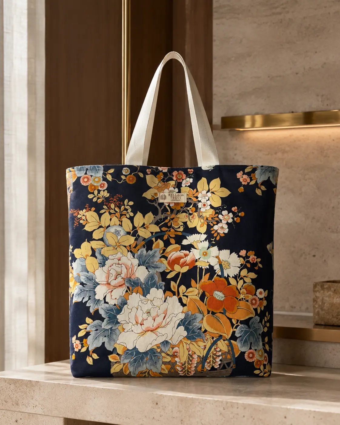 Handmade Gray Wool Tote with Jay Yang Floral Fabric | BELLAren TEGUI