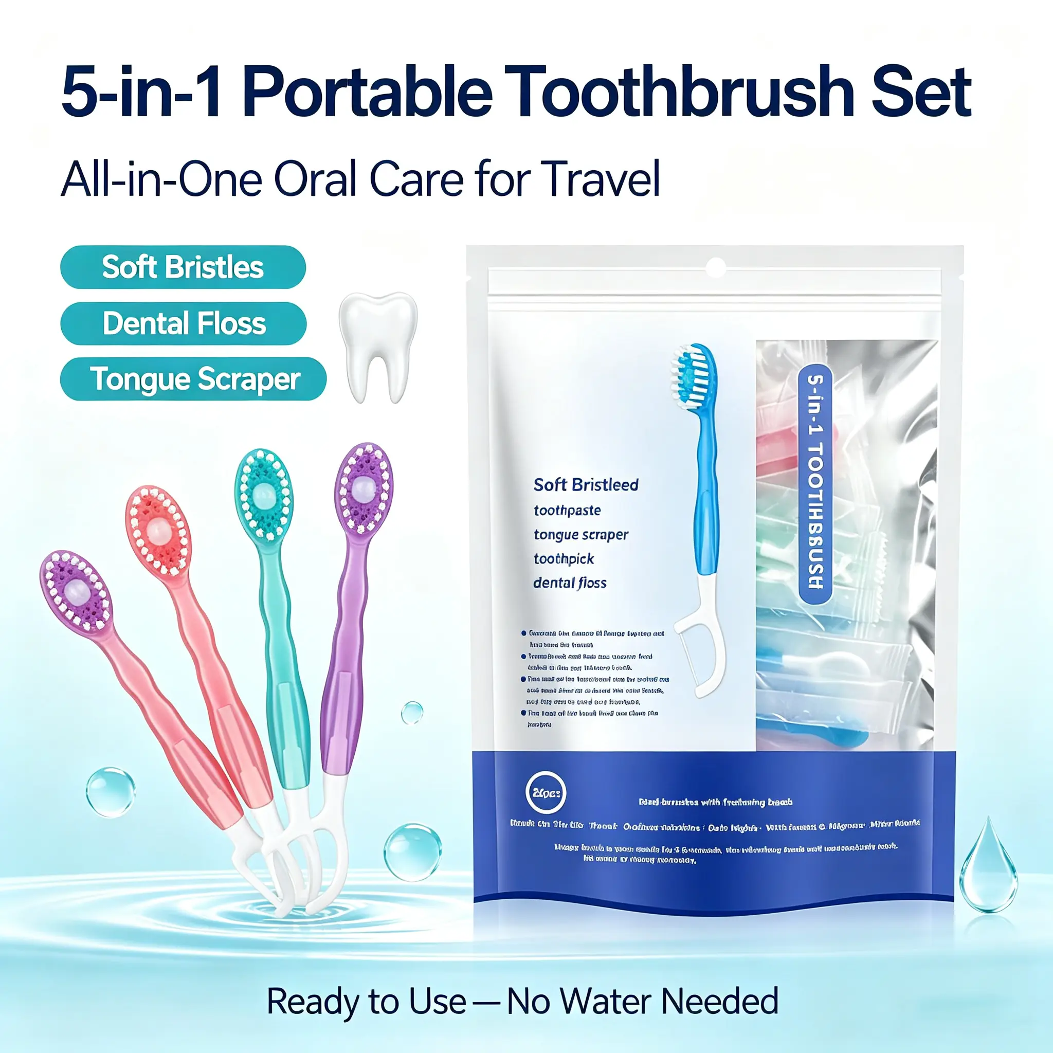 5-in-1 Mini Disposable Toothbrush Set - Individually Wrapped Oral Care Kit with Floss, Tongue Scraper, Toothpick & Toothpaste, Portable Compact Bathroom Accessory for Travel, Business Trips