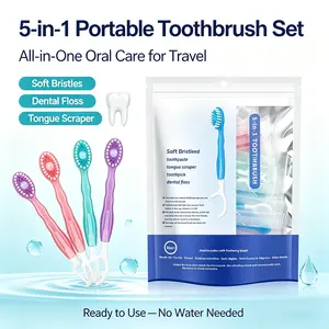 5-in-1 Mini Disposable Toothbrush Set - Individually Wrapped Oral Care Kit with Floss, Tongue Scraper, Toothpick & Toothpaste, Portable Compact Bathroom Accessory for Travel, Business Trips