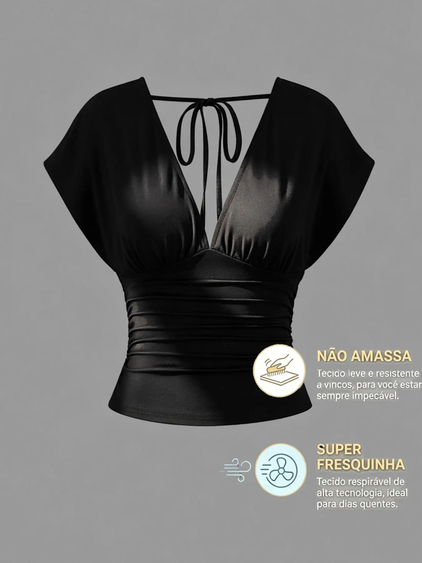 V Neck Short Sleeve Fitted T-Shirt, Back Tie Design, Ruched Waist Slimming Effect, Sexy Daily Top, Fashionable Chic Plain Surface