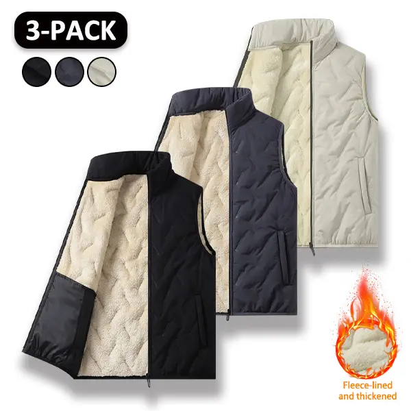 Men’s fleece-lined thick vest, 3-pack stand-collar sleeveless quilted jackets, warm, thickened winter casual layering vests