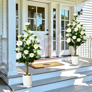 Alupssuc Lifelike Artificial Camellia Trees 2-Pack 3/4FT with Blooming Flowers for Indoor Outdoor Home Porch Decor No Maintenance Required