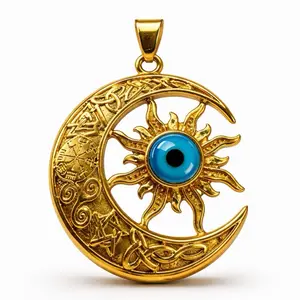 Maite Jewelry                                                  OJO CELESTIAL Pendant with Blue Eye and Crescent Moon Design in Gold Tone Elegant Celestial Jewelry
