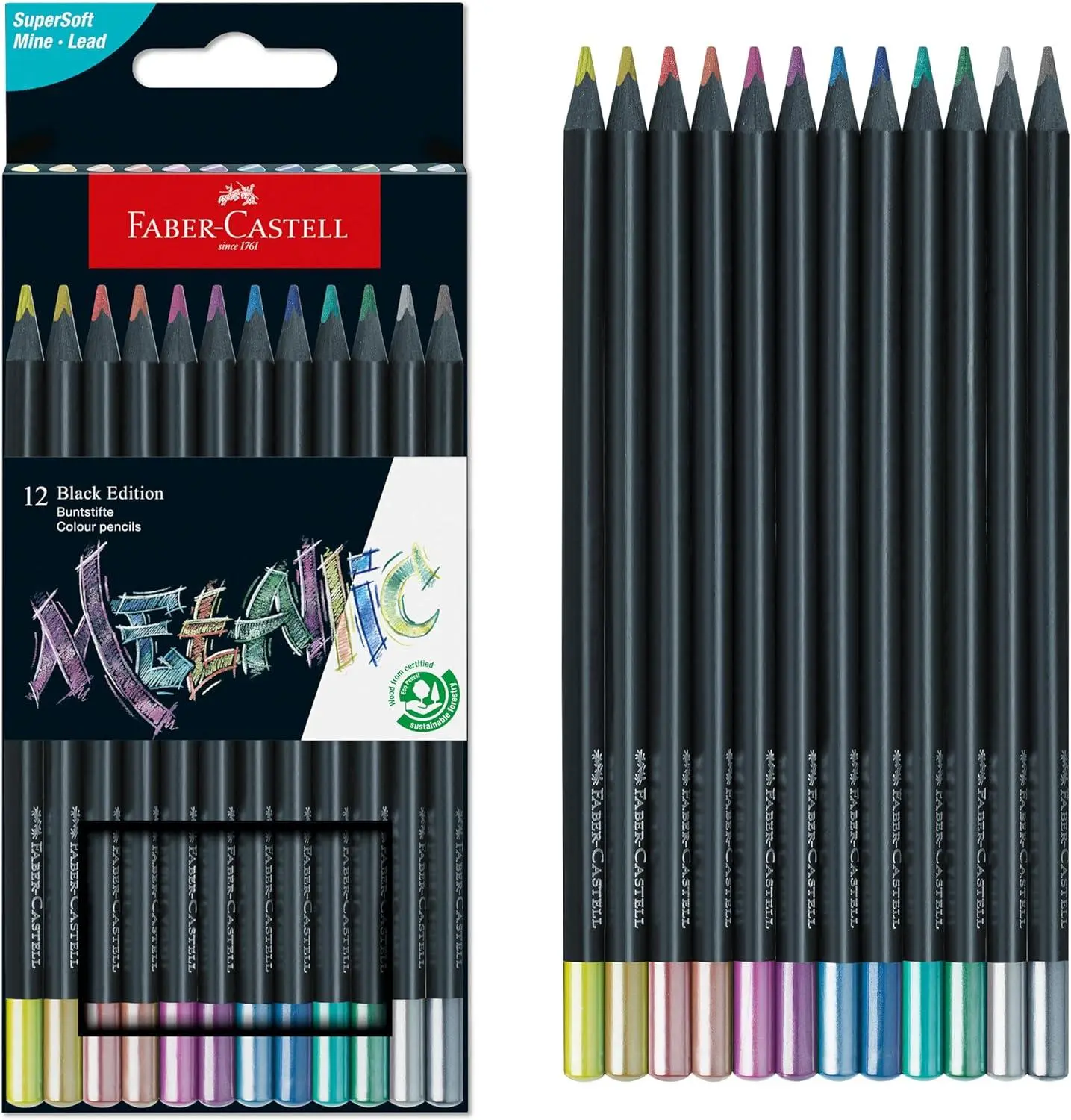 Faber-Castell Black Edition Colored Pencils: 12 Metallic | Back to School Supplies