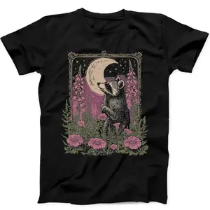 Funny Raccoon Floral Moon Cottage Graphic Tee - Unisex Cotton Short Sleeve T-Shirt