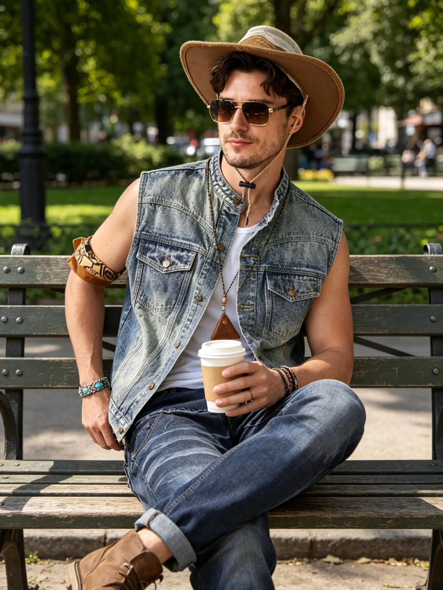 Street wear Y2K retro blue men's denim jacket trendy brand high street versatile short sleeved vest outdoor casual men's jacket