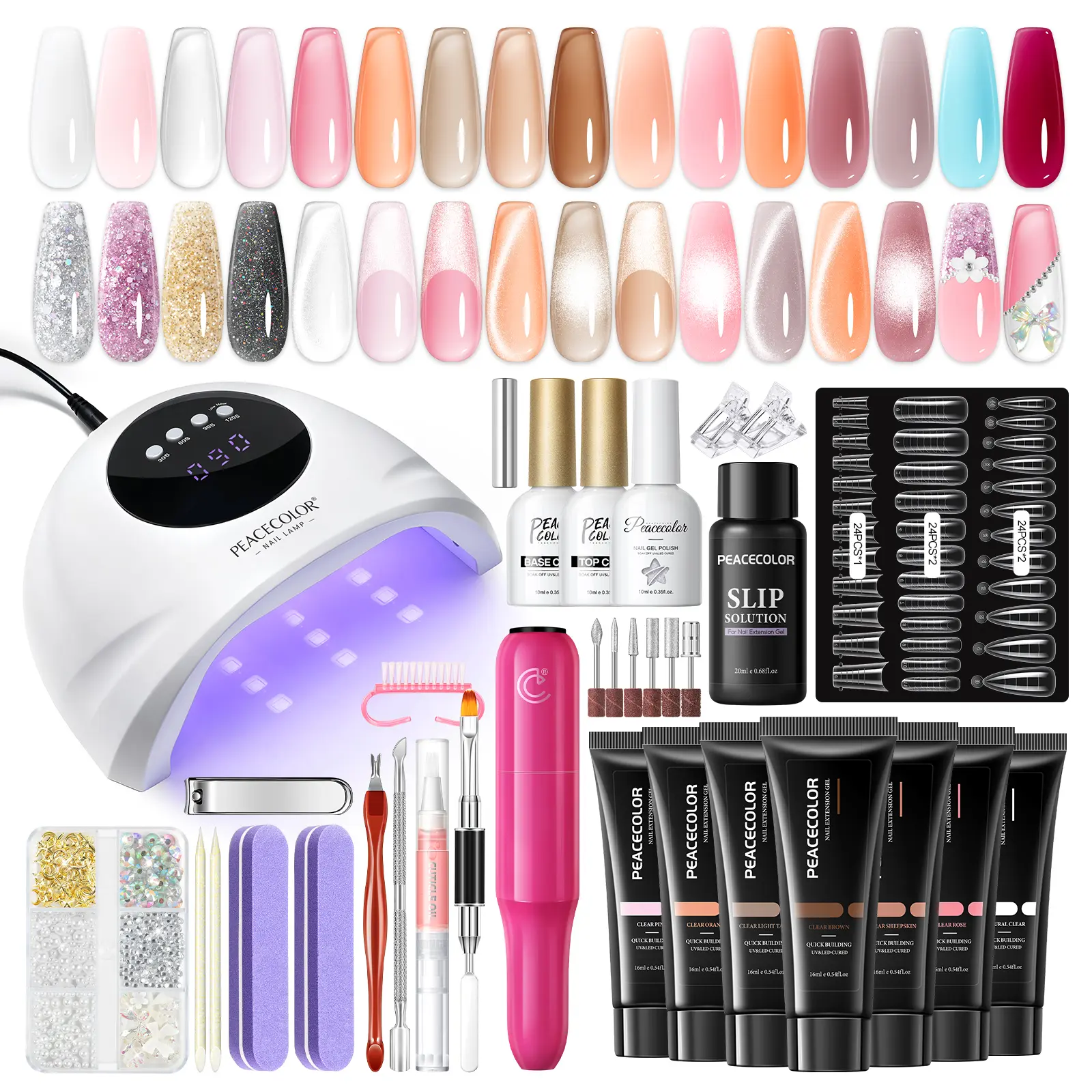 PEACECOLOR Poly Extension Gel Nail Kit With UV Nail Lamp And Nail Drill Rich Colors Poly Nail Gel Kit With Slip Solution Cat Eye Gel Nail Polish Base And Top Coat Manicure Tools Home Art Salon For Women