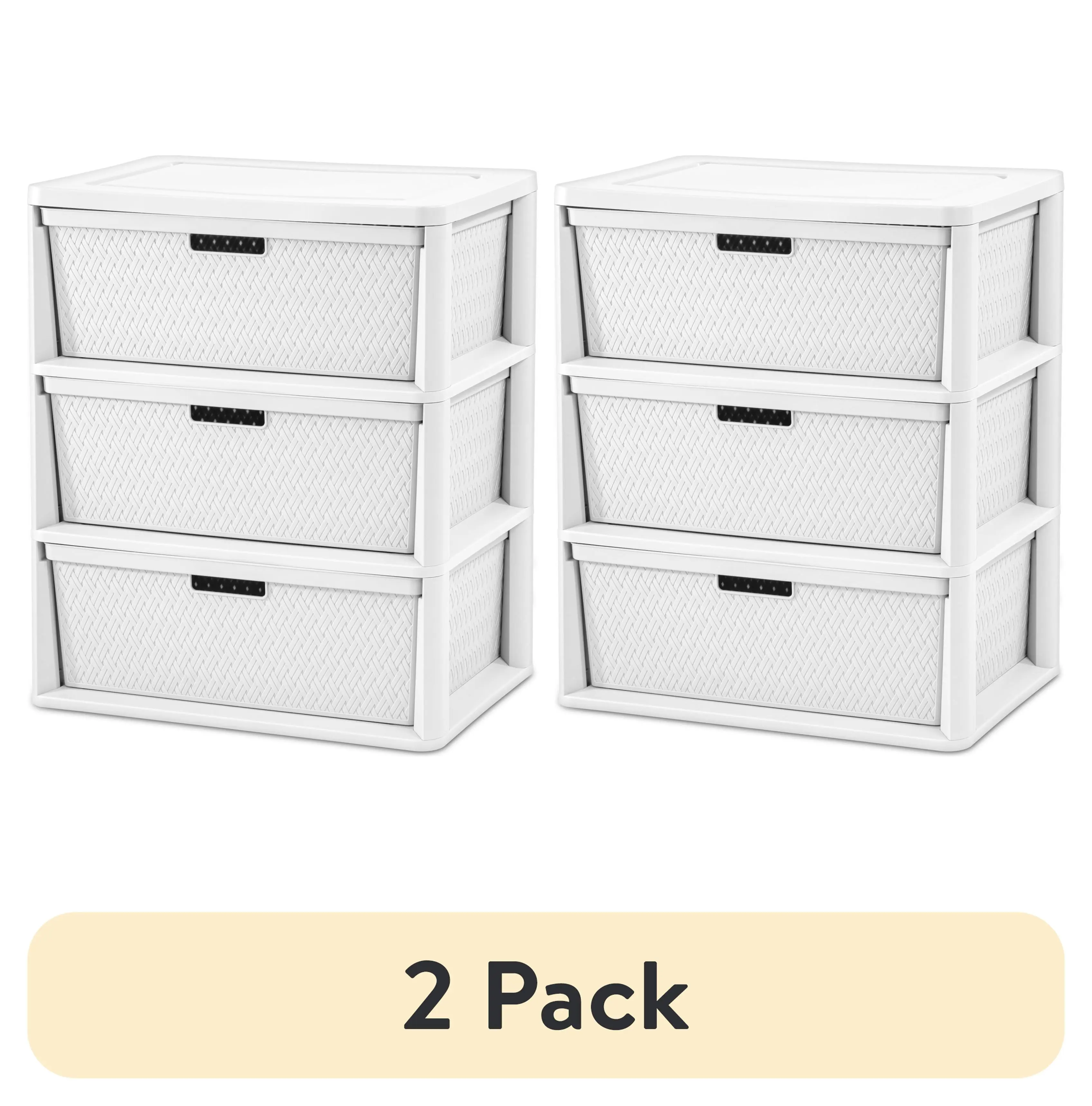 (2 pack) Sterilite Wide 3 Drawer Tower, Plastic Storage Organizer with Removable Decorative Bins, Easy Assembly, No Tools Needed, White