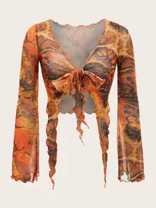 Dopamine Dressing Split Sleeve Tie Front Asymmetrical Hem Graphic Print Mesh Top