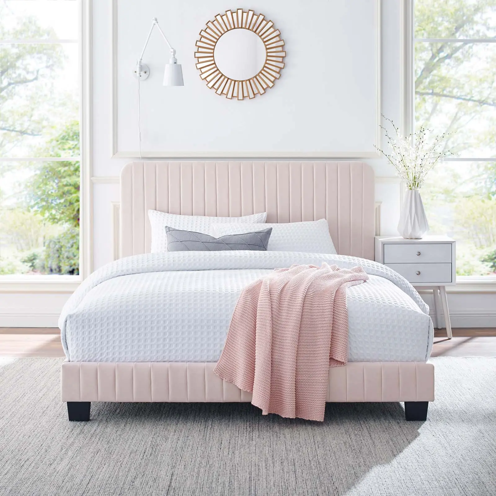 Modway Celine Channel Tufted Performance Velvet Twin Platform Bed in Pink