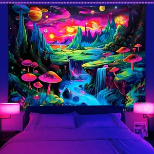 Neon Mushroom Landscape Tapestry, 1 Count UV Responsive Black Light Glow in the Dark Tapestry with Installed Accessories, Wall Decor for Home Living Room Bedroom