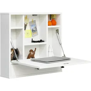 Wall Mounted Desk, Pneumatic Floating Desk Wall Mount Laptop Table Desk with Magnetic Foldable Tabletop, Space Saving Wall Mounted with Storage Drawer and Shelves (White)Wall-mounted folding table for home use, long narrow table, restaurant