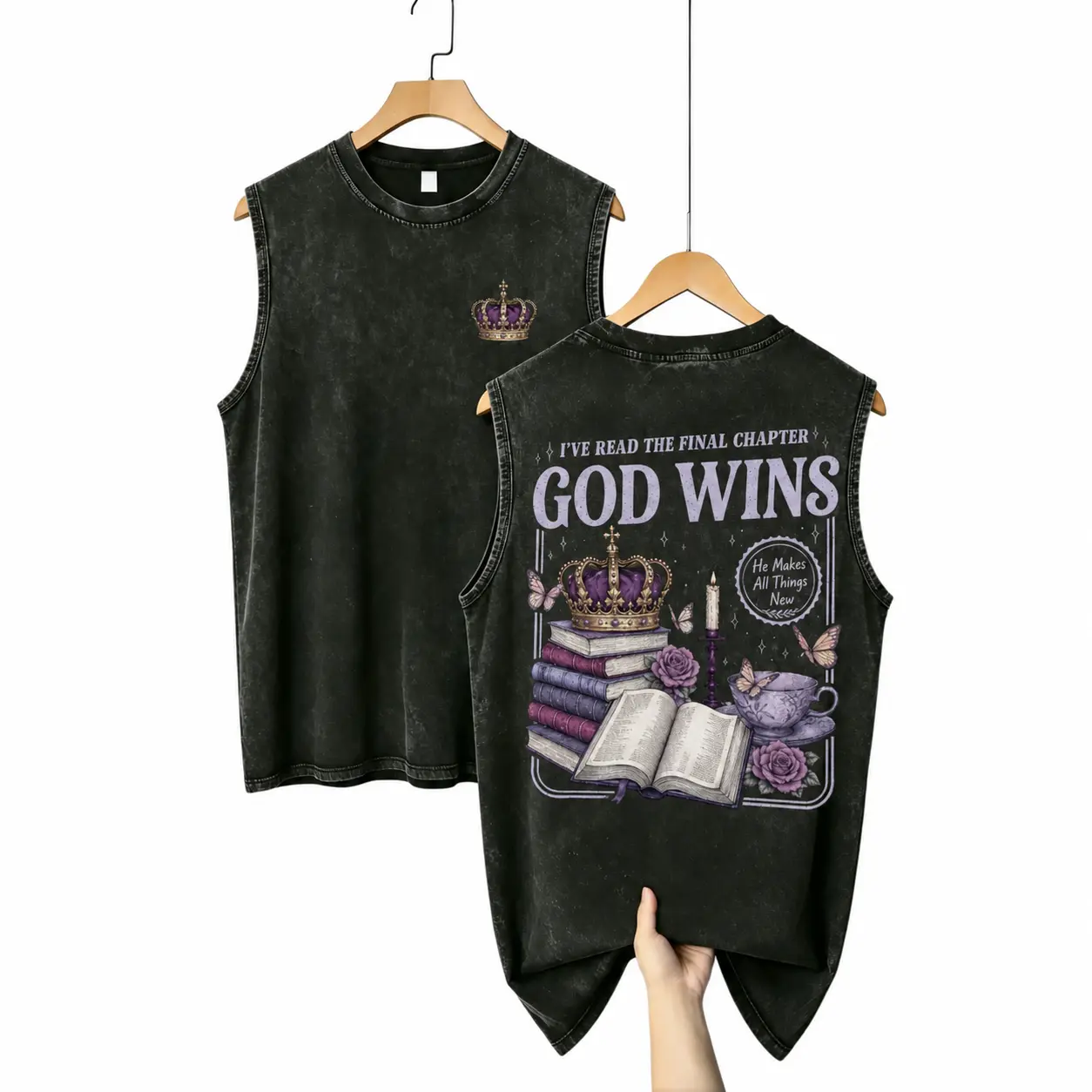 Christian Women's Tank Top, Vintage Acid Wash Double-Sided "God Wins" Graphic, Sleeveless Round Neck for Casual Summer Outfits