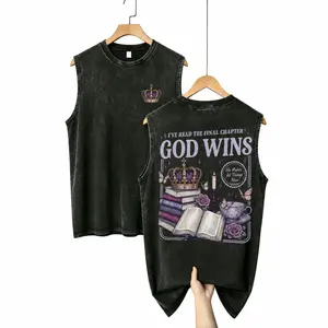 Christian Women's Tank Top, Vintage Acid Wash Double-Sided "God Wins" Graphic, Sleeveless Round Neck for Casual Summer Outfits