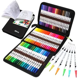 Art Duo Tip Brush Markers Set, 60 Colors Fine Brush Tip Artist Drawing Pens Set with Coloring Book, for Adult Sketching Journal Planner Gifts