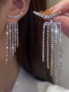 17KM 2pcs Full Rhinestone & Tassel Earrings, Shiny Accessories For Vacation, Party, Date, Gift, And Daily Wear.