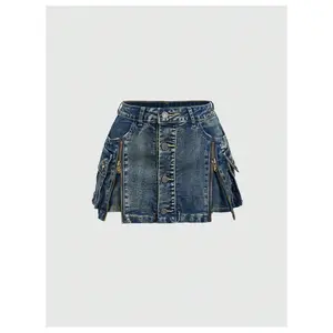 Women's Y2k Mini Denim Skirts Button Zip Up Bodycon Jean Skirt Vintage Streetwear