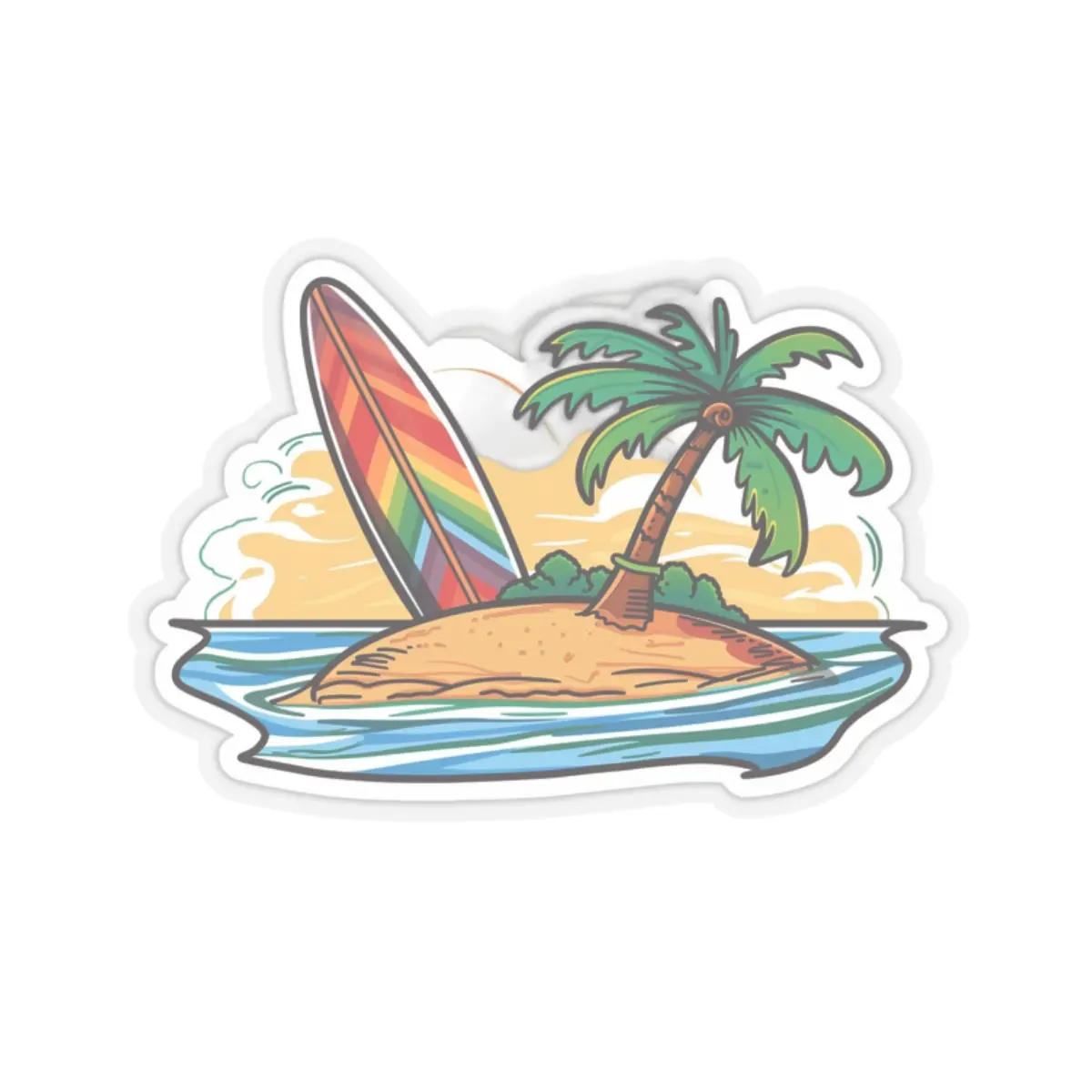 Surfboard on Beach Sticker | Tropical Surf Art Decal | Coastal Vinyl Sticker | Beach Lover Accessory | Surfing Adventure Sticker