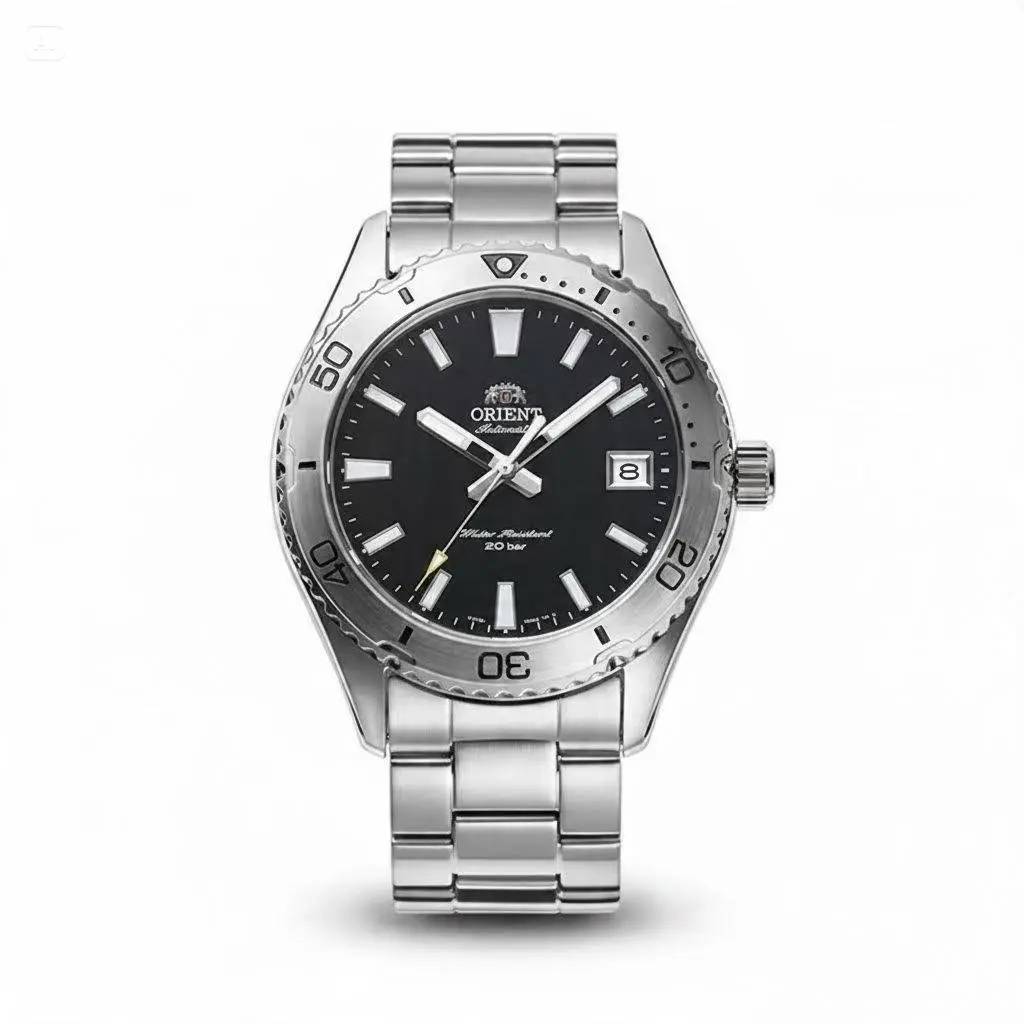 Orient Men Automatic Diver Watch, 20Bar Water Resistant Stainless Steel Bracelet Black Dial Luminous Hands Date Window Classic Sport Mechanical Wristwatch for Men Daily Outdoor Wear