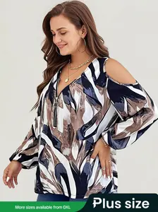 【Plus Size】 All Over Print Cold Shoulder Zipper Blouse Shirts, Casual Fashion Fitted Summer Tops 2024, Going Out Tops, Casual Bishop Sleeve Top for Women, Women Plus Clothing for All Seasons, Cold Shoulder Tops