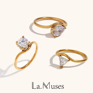 La. Muses Sparkling Luxury Water Drop Shaped Cubic Zirconia Stainless Steel Women's Ring 18K Gold Plated Waterproof Jewelry Gift
