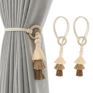 Wooden Ring & Tassel Curtain Tiebacks, Boho Style Luxury Curtain Holders – Elegant Macrame Drapery Ties for Sheer Curtains, Window Decor Accessories