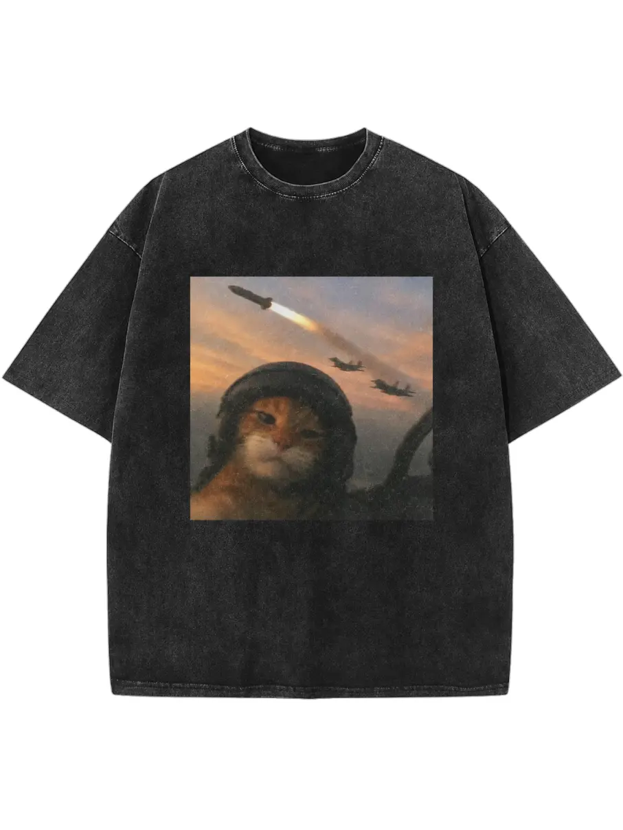 Vintage Washed Funny Pilot Cat Graphic T-Shirt Breathable Loose Sports Couples Tee Cool Helmet Kitty Jet Fighter Missile Print Oversized Daily Workout Street Matching Top   trendy streetwear shirt