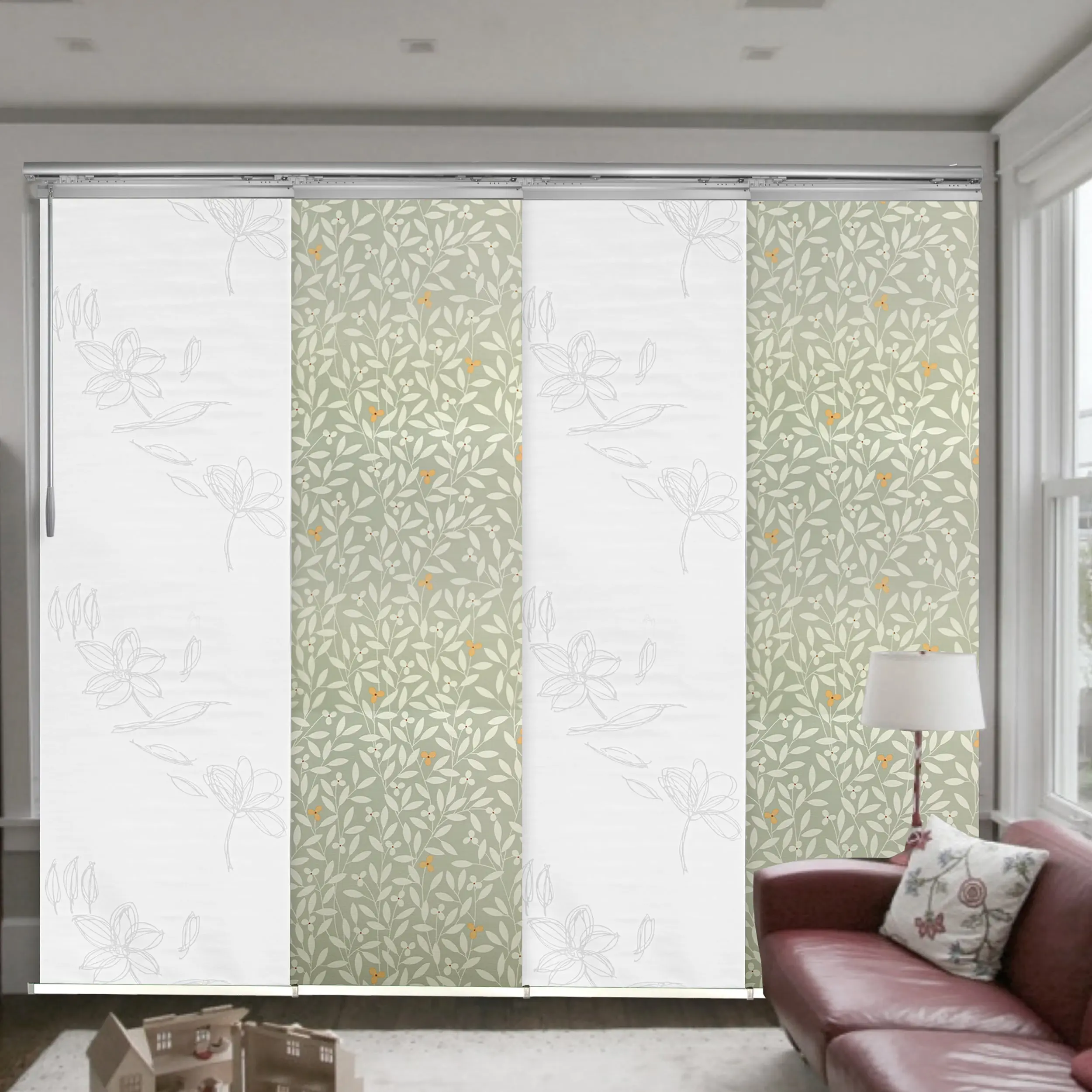 4-Panel Single Rail Panel Track Blind Extendable 48"-88"W x 91.4"H, Panel width 23.5", Lotus, Camellia