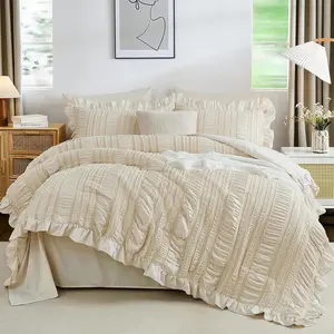 Beige Comforter Set ,7 Pieces Ruffle Comforter Set with Sheets,Textured Bed in a Bag for  Bed 104"x90"