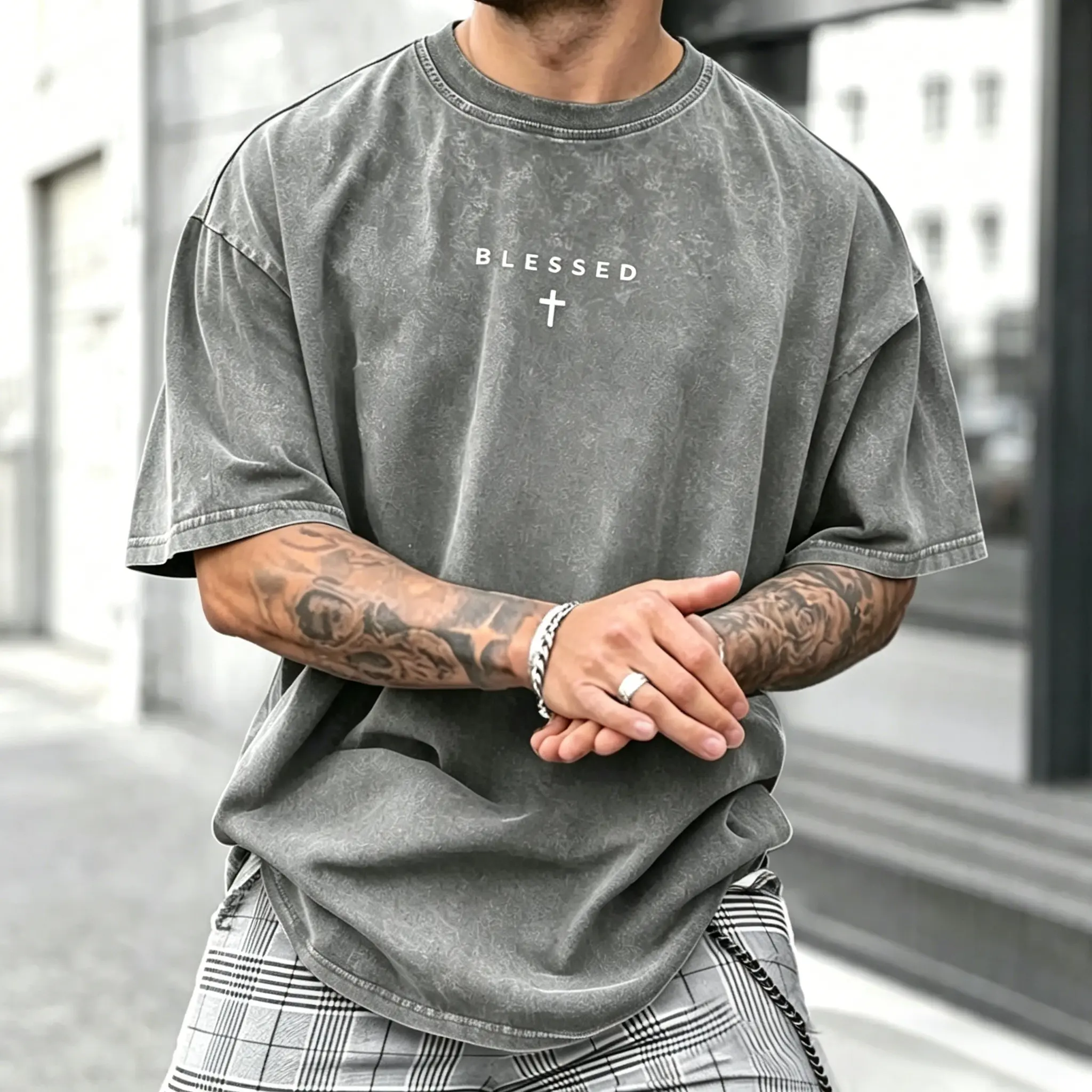 Male Cotton Men's Round Neck Short Sleeve Cross & Letter Print Activewear Tee - Casual Athletic Apparel for Summer Daily Wear, Multiple Colors Available