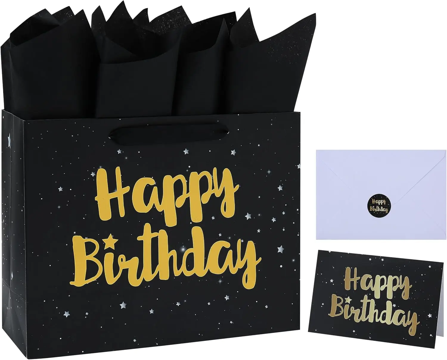 Large Black Gift Bag Set with Greeting Card and Tissue Papers (Stars and Gold Foil ‘Happy Birthday’) for Men's or Women's Party, Boys', Girls' or Kids' Birthday Parties, Baby Boy or Girl, 13”x5.2”x10.2”, 1 Pcs.