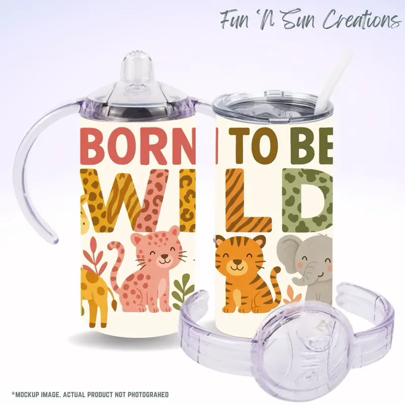 Born to Be Wild Tumbler and Sippy Cup – Jungle Animal 12oz Stainless Steel, Safari Birthday Gift for Baby or Toddler Reusable Drinkware