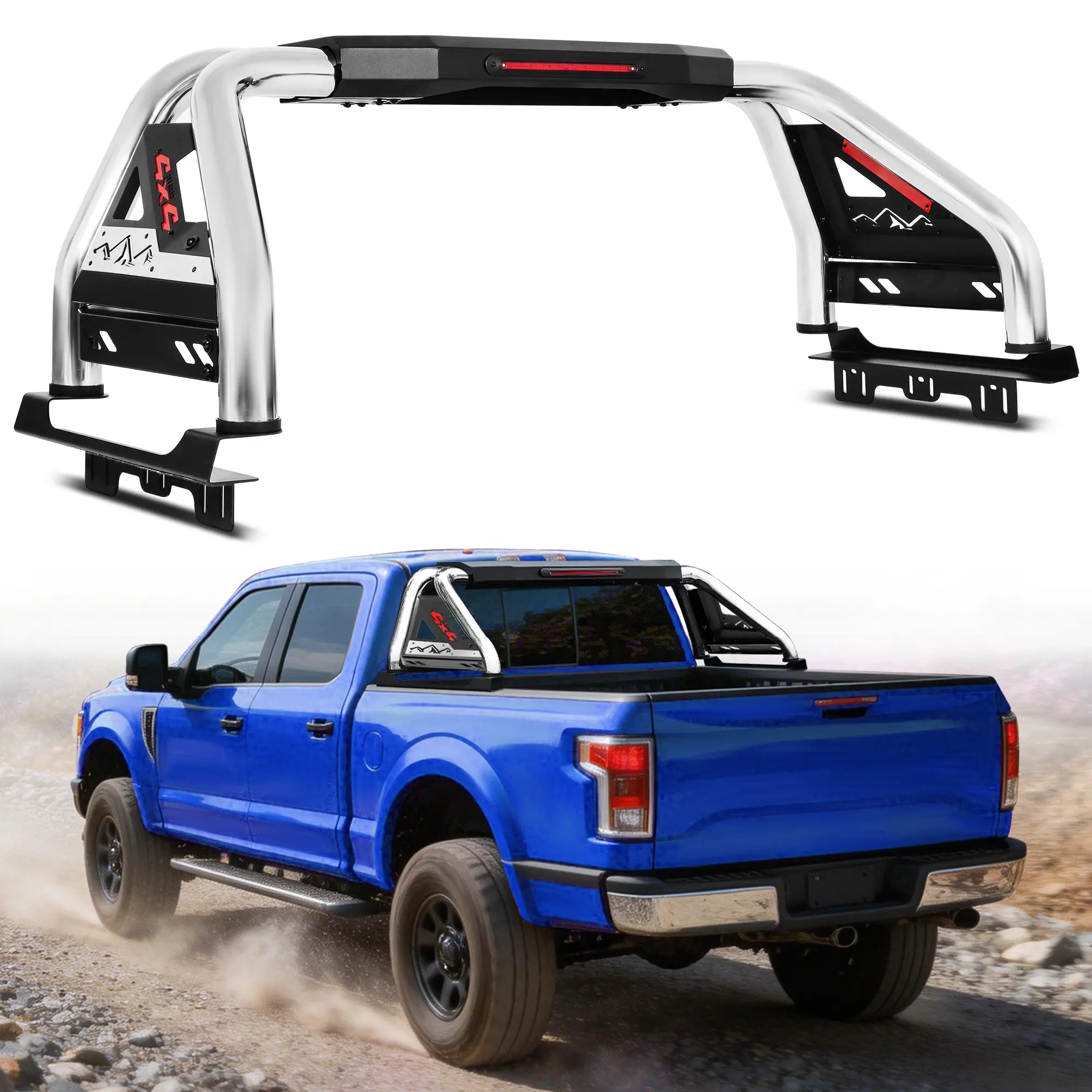 MONOKING Full-Size Truck Bed Chase Rack for Ford F-150 F-250 F-350 F-450 Raptor, Ram 1500 2500 3500, Silverado Sierra Tundra and Titan, Dual-Tube Steel Sport Bar with Brake Light