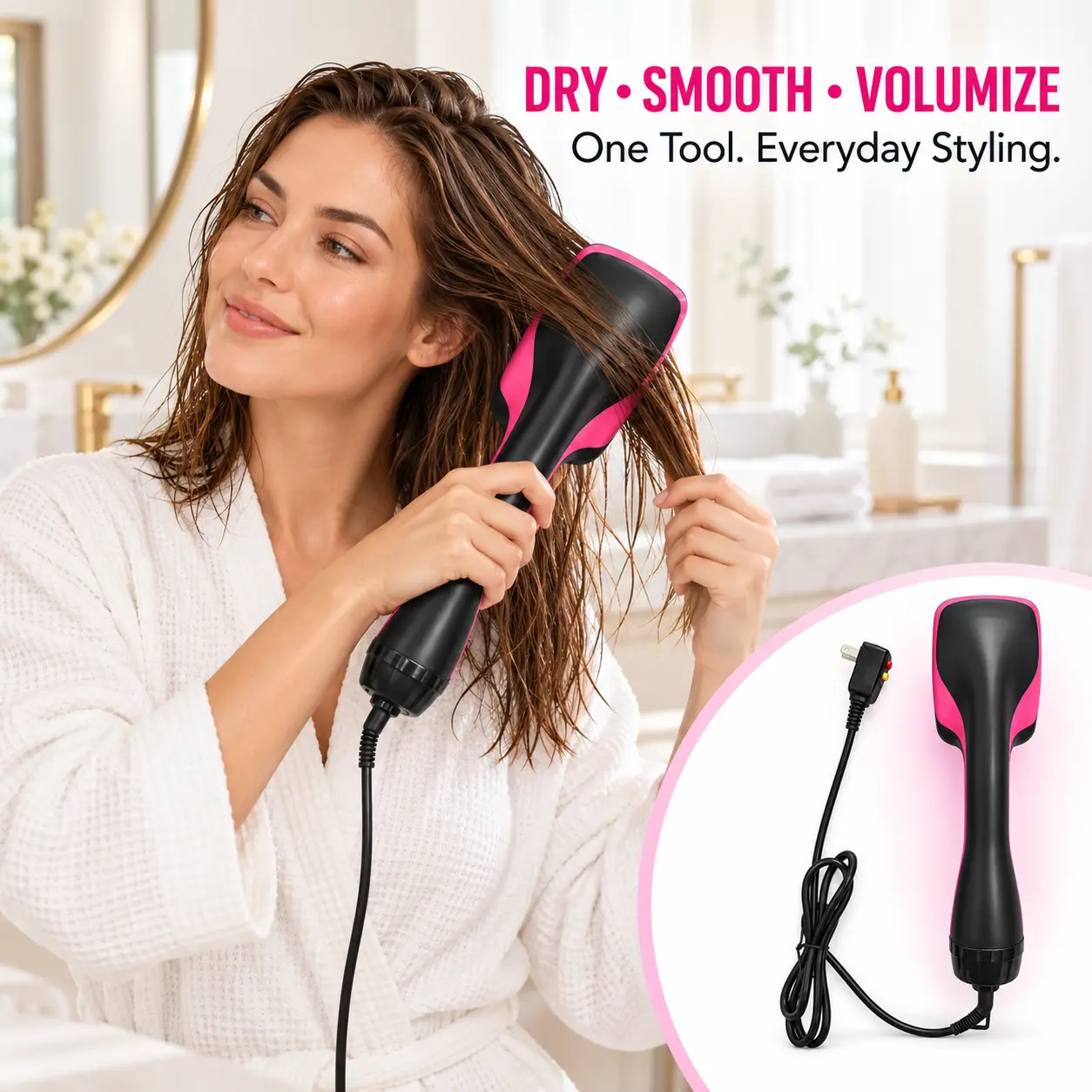 2-in-1 Hot Air Brush & Hair Dryer, 650W Volumizing Blowout Brush with 3 Heat Settings, Lightweight Paddle Styler for Drying, Smoothing and Straightening Hair reduces breakage bristle flexible tool