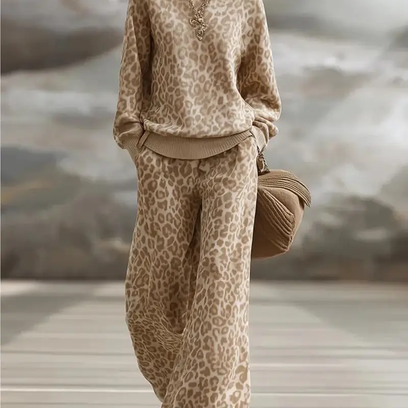 Brown Leopard Print Suit Long-Sleeved Fitted Retro Versatile Casual Pants Set for Women