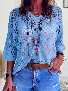 Women's V Neck Batwing Sleeve Crochet Sweater, Lightweight Hollow Out Design, Perfect for Summer Vacation, Casual Loose-Fit Knit Top