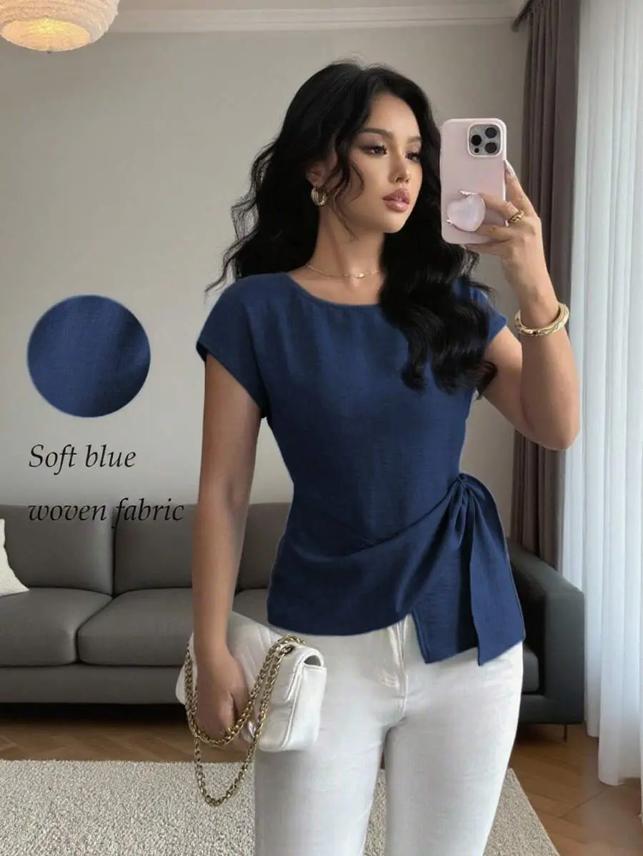 Women's Casual Loose Round Neck Bat Sleeve Asymmetrical Hem Blue Shirt – Summer Elegant Vacation Top