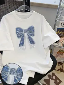 Women's Casual Knit T-Shirt with Bowtie Detail, Fashionable Summer Tee for Young Trendsetters, Comfortable Fitted Outdoor Wear Style