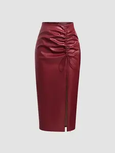 Women's Ruched Drawstring Split Thigh Pu Leather Skirt, Fashion Casual High Waist Long Skirt for Daily Wear, Women's Bottoms for Spring & Fall Valentine's Day, gift