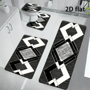 4pcs 2D Flat Black and White Geometric Diamond Bathroom Mat Set, Modern and Minimalist Style, Includes Toilet Lid Cover and Rug, U-Shaped Foot Mat for Bathroom Decor