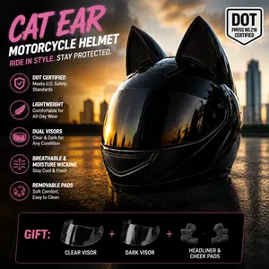 Cat Ear Motorcycle Helmet for Men and Women - DOT Certified Full Face Bike Helmet for All Seasons, Stylish Riding Gear for Street Fashion, Matching Couple Helmets for Riding Enthusiasts, Trendy Protective Gear for Motorcyclists and Bikers