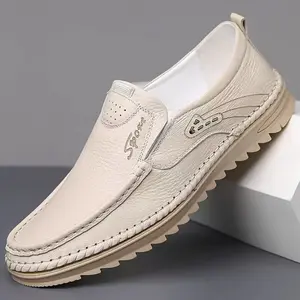 Men's Slip-On Casual Loafers - Top-Grain Leather Upper, Soft Rubber Sole, Breathable PU Lining - Beige Low-Top Round-Toe Design for Business Casual & Casual Attire
