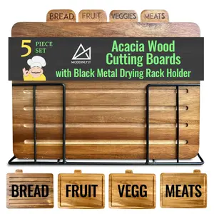 MODERNLYST Acacia Cutting Boards for Kitchen with Holder 13" x 11" x 2.5" | Labeled Wood Cutting Board Sets | Large Wooden Cutting Board Set of 4 with Black Organized Stand | Non Toxic Chopping Board